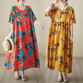 DIMANAF женское платье больших размеров 2024, новое летнее стильное платье с круглым вырезом и цветочным принтом, зеленое льняное базовое платье 5039