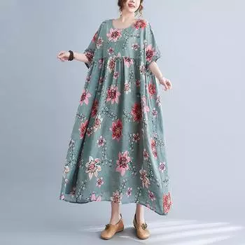 DIMANAF, женское платье больших размеров, новинка 2024 года, летнее стильное платье, свободное платье с круглым вырезом и цветочным принтом, зеленые льняные базовые платья 5028