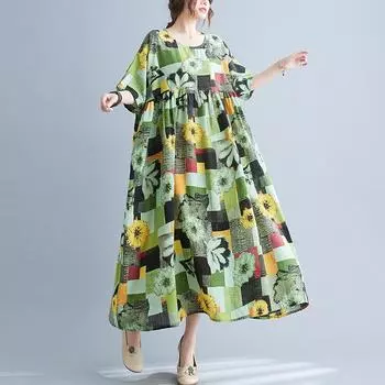 DIMANAF, женское платье больших размеров, новинка 2024 года, летнее стильное платье, свободное платье с круглым вырезом и цветочным принтом, зеленые льняные базовые платья 5038
