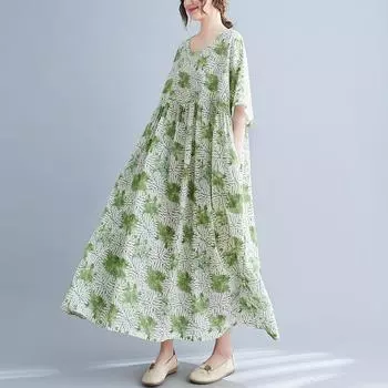 DIMANAF Женское платье больших размеров 2024, новое летнее стильное платье с круглым вырезом и цветочным принтом, зеленое льняное базовое платье 5029