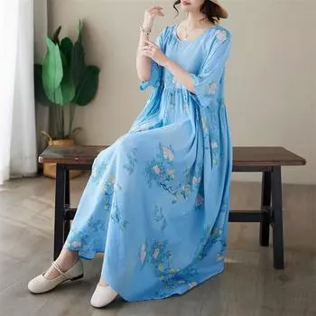 DIMANAF Женское платье больших размеров 2024, новое летнее стильное платье с круглым вырезом и цветочным принтом, зеленое льняное базовое платье 5022