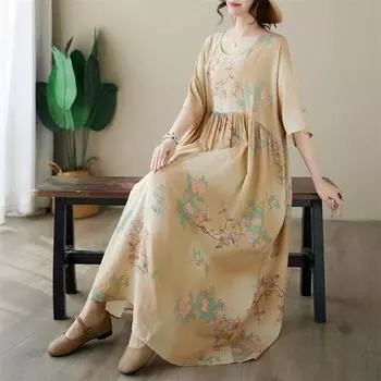 DIMANAF, женское платье больших размеров, новинка 2024 года, летнее стильное платье, свободное платье с круглым вырезом и цветочным принтом, зеленые льняные базовые платья 5018