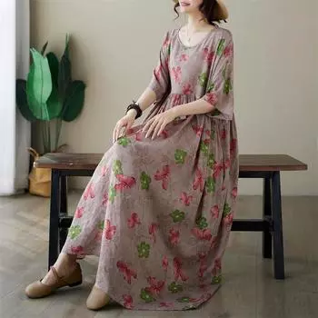 DIMANAF, женское платье больших размеров, новинка 2024 года, летнее стильное платье, свободное платье с круглым вырезом и цветочным принтом, зеленые льняные базовые платья 5016