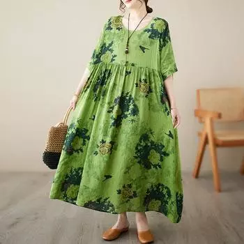 DIMANAF женское платье больших размеров 2024, новое летнее стильное платье с круглым вырезом и цветочным принтом, зеленое льняное базовое платье 5035