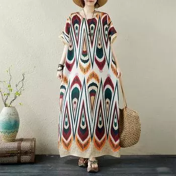 DIMANAF, женское платье больших размеров, новинка 2024 года, летнее стильное платье, свободное платье с круглым вырезом и цветочным принтом, зеленые льняные базовые платья 8832