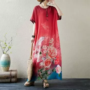 DIMANAF Женское платье больших размеров 2024, новое летнее стильное платье с круглым вырезом и цветочным принтом, зеленое льняное базовое платье 8833