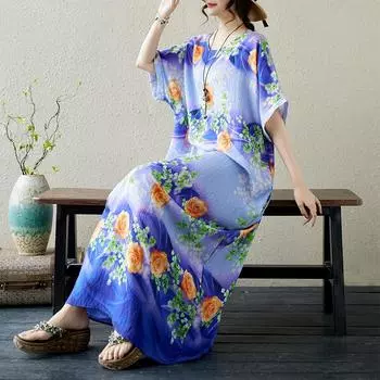 DIMANAF Женское платье больших размеров 2024, новое летнее стильное платье с круглым вырезом и цветочным принтом, зеленое льняное базовое платье 8835