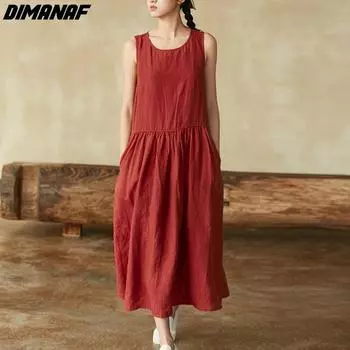 Dimanaf Женское платье больших размеров, новинка 2024 года, летнее однотонное льняное свободное пляжное платье без рукавов, тонкие длинные платья