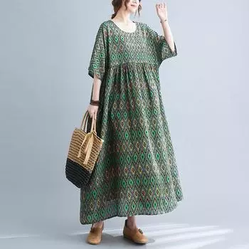 Dimanaf Женское платье больших размеров, новинка 2024 года, летнее стильное платье, свободное платье с круглым вырезом и цветочным принтом, зеленые льняные базовые платья 5030