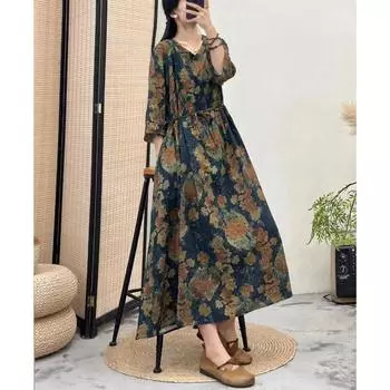 DIMANAF Женское платье больших размеров 2024, новое летнее стильное платье с v-образным вырезом и цветочным принтом, свободное платье, льняные базовые платья
