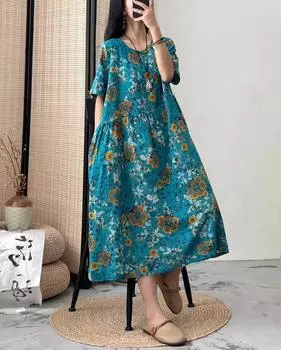 DIMANAF женское платье больших размеров 2024, новое летнее стильное платье с круглым вырезом и цветочным принтом, свободное платье, льняные базовые платья 03
