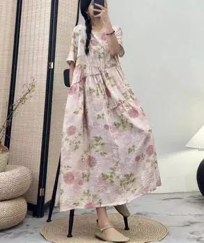 DIMANAF, женское платье больших размеров, новинка 2024 года, летнее стильное платье, свободное платье с v-образным вырезом и цветочным принтом, льняные базовые платья 12