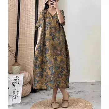 DIMANAF Женское платье больших размеров 2024, новое летнее стильное платье с v-образным вырезом и цветочным принтом, свободное льняное базовое платье 10