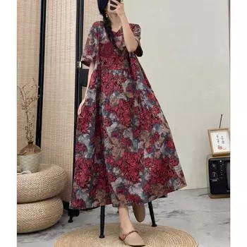 DIMANAF женское платье больших размеров 2024, новое летнее стильное платье с круглым вырезом, кружевное свободное платье с цветочным принтом, льняные базовые платья 01