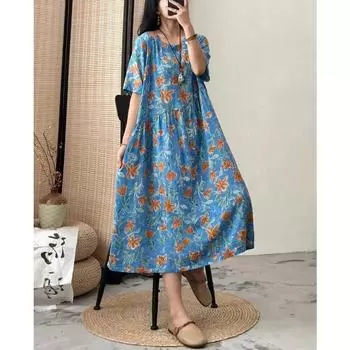 DIMANAF женское платье больших размеров 2024, новое летнее стильное платье с цветочным принтом, свободное платье с круглым вырезом, льняные базовые платья 04