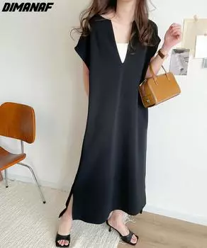 DIMANAF женское платье больших размеров, новинка 2024 года, летнее платье-рубашка оверсайз с v-образным вырезом, однотонное повседневное свободное платье, базовые хлопковые длинные платья
