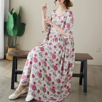 DIMANAF, женское платье больших размеров, новинка 2024 года, летнее стильное платье, свободное платье с круглым вырезом и цветочным принтом, зеленые льняные базовые платья 5019