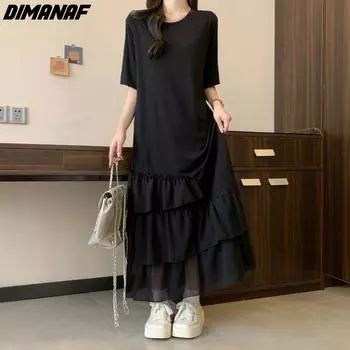 DIMANAF, женское платье больших размеров, новинка 2024 года, летнее повседневное хлопковое платье-футболка большого размера с коротким рукавом, базовое длинное