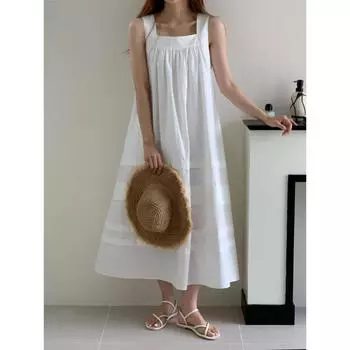 Dimanaf Женское платье больших размеров, новинка 2024 года, летнее однотонное свободное пляжное платье без рукавов с разрезом на шее, длинные платья из хлопка