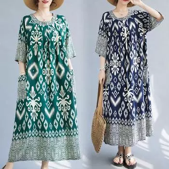 DIMANAF Женское платье больших размеров, новинка 2024 года, летнее хлопковое платье, винтажное платье с круглым вырезом, базовые свободные длинные платья большого размера One Size красный