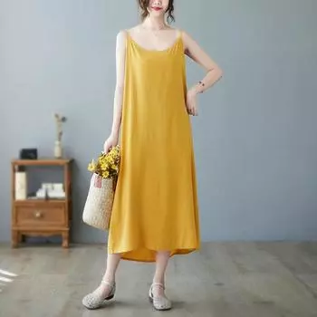 DIMANAF женское платье больших размеров, новинка 2024 года, летнее хлопковое платье, однотонное платье, повседневное базовое свободное длинное платье без рукавов One Size чёрный