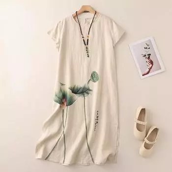 DIMANAF женское платье больших размеров, новинка 2024 года, льняное летнее длинное базовое платье оверсайз с круглым вырезом, повседневное платье в китайском стиле с короткими рукавами