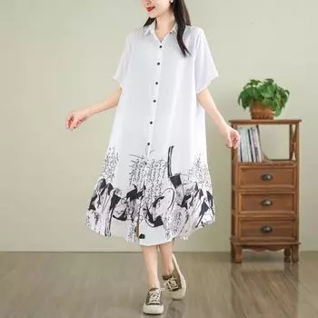 Dimanaf Женское платье больших размеров, новинка 2024 года, летнее длинное платье-рубашка большого размера, базовое модное повседневное свободное платье с принтом на пуговицах