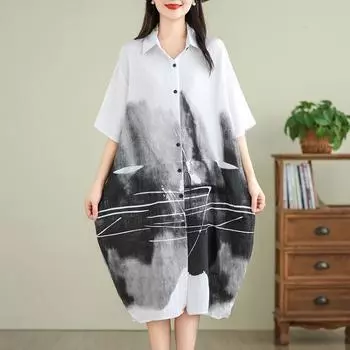 Dimanaf Женское платье больших размеров, новинка 2024 года, летнее длинное платье-рубашка большого размера, базовое винтажное повседневное свободное платье с принтом на пуговицах