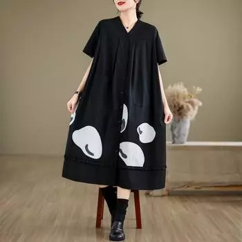 Dimanaf Женское платье больших размеров, новинка 2024 года, летнее длинное платье-рубашка большого размера, базовое модное повседневное черное свободное платье на пуговицах