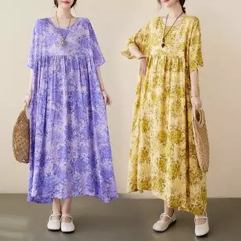 Dimanaf Женское платье больших размеров, новинка 2024 года, летнее базовое повседневное повседневное платье большого размера с коротким рукавом, винтажное длинное платье с круглым вырезом с цветочным принтом