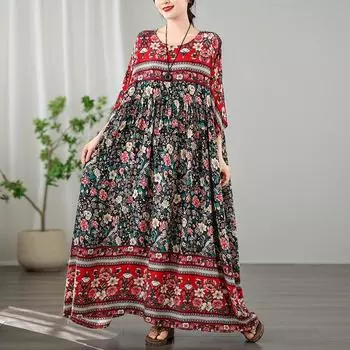 Dimanaf Женское платье больших размеров, новинка 2024 года, летнее длинное базовое повседневное праздничное платье-футболка с цветочным принтом и круглым вырезом, винтажное пляжное платье-футболка большого размера