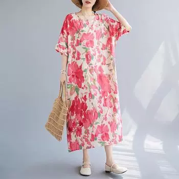 Dimanaf Женское платье больших размеров, новинка 2024 года, повседневное летнее длинное платье с круглым вырезом, элегантное свободное хлопковое платье оверсайз с цветочным принтом и коротким рукавом