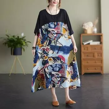 Dimanaf Женское платье больших размеров, лето 2024, длинное базовое повседневное свободное винтажное платье-футболка с круглым вырезом и оверсайзом в винтажном стиле