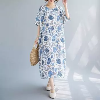 Dimanaf Женское платье больших размеров, новинка 2024 года, летнее длинное элегантное хлопковое платье с цветочным принтом, повседневное свободное хлопковое платье с коротким рукавом большого размера