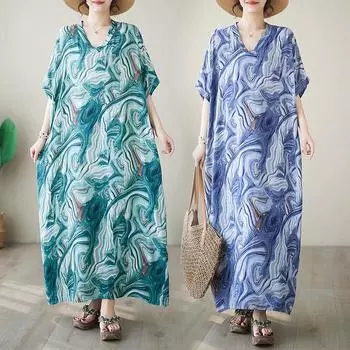 Dimanaf Женское платье больших размеров, новинка 2024 года, летнее длинное базовое повседневное платье большого размера с v-образным вырезом и коротким рукавом, винтажное платье-рубашка на талии