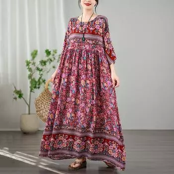Dimanaf Женское платье больших размеров, новинка 2024 года, летнее длинное базовое платье большого размера, повседневное праздничное винтажное пляжное платье-футболка с цветочным принтом и круглым вырезом