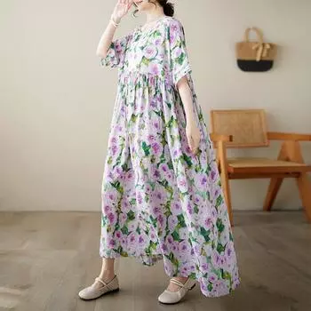 Dimanaf Женское платье больших размеров, новинка 2024 года, летнее базовое винтажное свободное платье больших размеров с коротким рукавом и длинным цветочным принтом с круглым вырезом