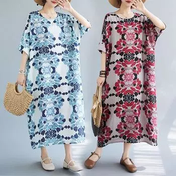 Dimanaf Женское платье больших размеров, новинка 2024 года, летнее длинное свободное платье с круглым вырезом и цветочным принтом, элегантное повседневное платье-рубашка с короткими рукавами