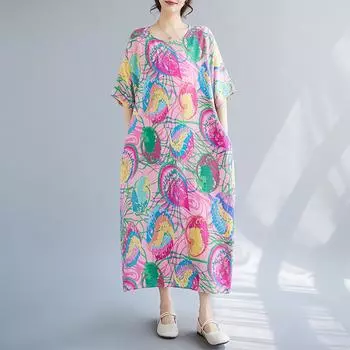 DIMANAF женское платье больших размеров, новинка 2024 года, летнее длинное элегантное платье с круглым вырезом и принтом, повседневное свободное хлопковое платье большого размера с коротким рукавом