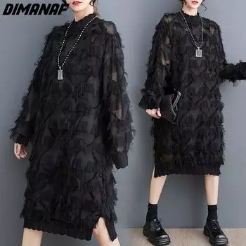 DIMANAF Женское платье больших размеров 2023, новое летнее стильное платье с длинным рукавом и круглым вырезом, свободное платье с цветочным принтом, базовое черное новое one size чёрный