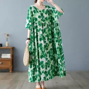 DIMANAF, женское платье больших размеров, новинка 2023 года, летнее стильное платье, свободное платье с круглым вырезом и цветочным принтом, зеленые льняные базовые платья
