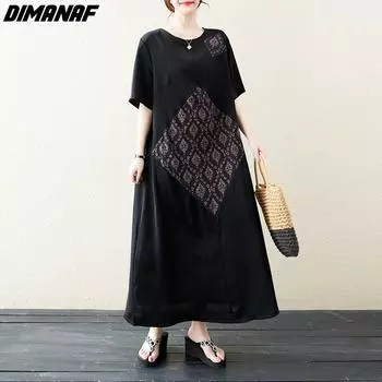 DIMANAF Женское платье больших размеров 2023, новое летнее стильное платье с длинным рукавом и v-образным вырезом, свободное платье с цветочным принтом, базовые платья с льняным узором