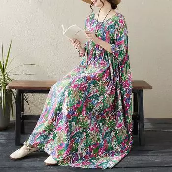DIMANAF Женское платье больших размеров 2024, новое летнее стильное платье с круглым вырезом и цветочным принтом, зеленое льняное базовое платье 8813 One Size