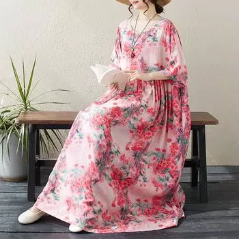 DIMANAF женское платье больших размеров 2024, новое летнее стильное платье с круглым вырезом и цветочным принтом, зеленое льняное базовое платье 8811