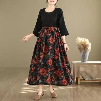 DIMANAF женское платье больших размеров 2024 весна-лето в винтажном стиле элегантное длинное платье с сращиванием базовое свободное льняное платье