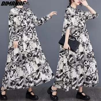 DIMANAF женское платье больших размеров весна-лето свободное платье больших размеров элегантное женское черное платье с длинными рукавами и принтом на пуговицах шифоновое платье-рубашка