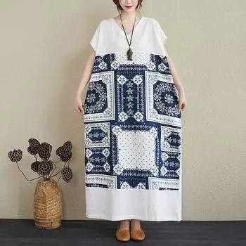 DIMANAF Женское платье больших размеров 2024, новое летнее стильное платье с v-образным вырезом и цветочным принтом, зеленое льняное базовое платье 2233 One Size белый