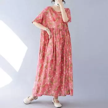 DIMANAF Женское платье больших размеров 2024, новое летнее стильное платье с круглым вырезом и цветочным принтом, зеленое льняное базовое платье 1090 One Size