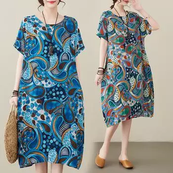 DIMANAF, женское платье больших размеров, новинка 2024 года, летнее стильное платье, свободное платье с круглым вырезом и цветочным принтом, зеленые льняные базовые платья 312 One Size