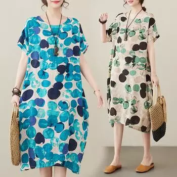 DIMANAF Женское платье больших размеров 2024, новое летнее стильное платье с круглым вырезом и цветочным принтом, зеленое льняное базовое платье 317 One Size